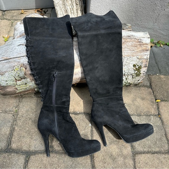Stuart Weitzman Suede Over the Knee Button Back Platform Boots - Picture 8 of 8